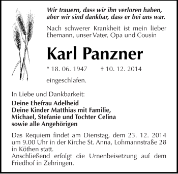 Traueranzeige von Karl Panzner von Mitteldeutsche Zeitung