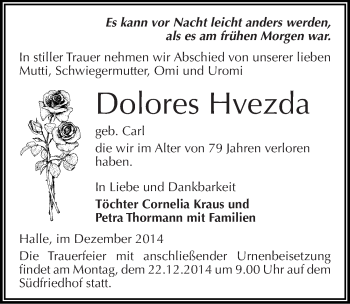 Traueranzeige von Dolores Hvezda von Mitteldeutsche Zeitung Halle/Saalkreis