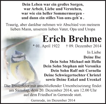 Traueranzeige von Erich Brehme von Mitteldeutsche Zeitung