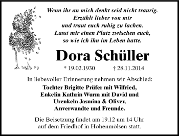 Traueranzeige von Dora Schüller von Mitteldeutsche Zeitung Zeitz