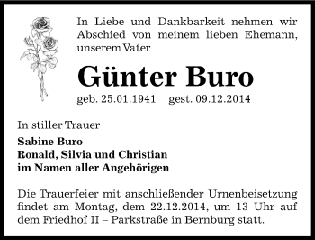 Traueranzeige von Günter Buro von Mitteldeutsche Zeitung Bernburg