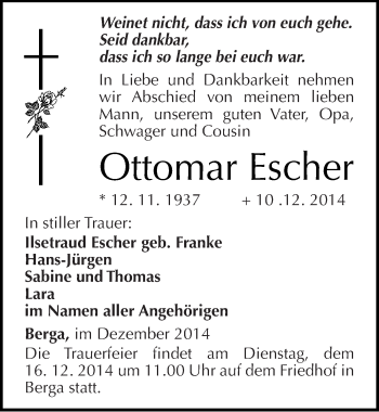 Traueranzeige von Ottomar Escher von Mitteldeutsche Zeitung Sangerhausen