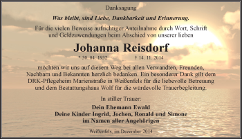 Traueranzeige von Johanna Reisdorf von Mitteldeutsche Zeitung Weißenfels