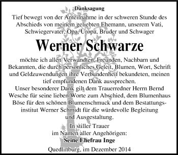 Traueranzeige von Werner Schwarze von Mitteldeutsche Zeitung Quedlinburg