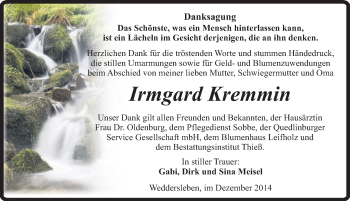 Traueranzeige von Irmgard Kremmin von Mitteldeutsche Zeitung Quedlinburg