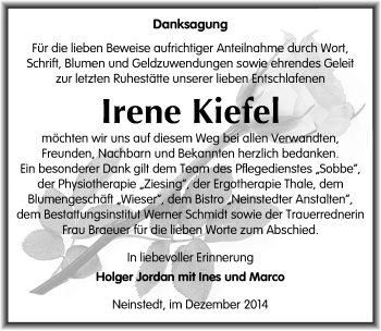 Traueranzeige von Irene Kiefel von Mitteldeutsche Zeitung Quedlinburg