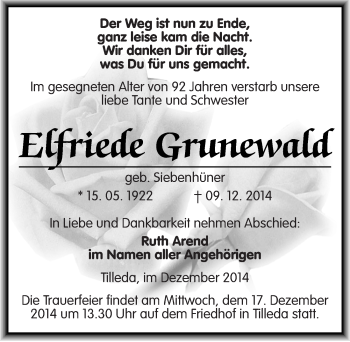 Traueranzeige von Elfriede Grunewald von Mitteldeutsche Zeitung Sangerhausen
