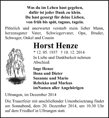 Traueranzeige von Horst Henze von Mitteldeutsche Zeitung Sangerhausen