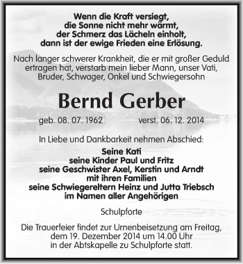 Traueranzeige von Bernd Gerber von Mitteldeutsche Zeitung Naumburg/Nebra