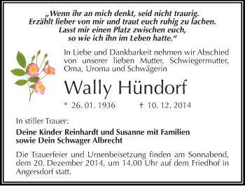 Traueranzeige von Wally Hündorf von Mitteldeutsche Zeitung Halle/Saalkreis