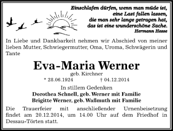 Traueranzeige von Eva-Maria Werner von Mitteldeutsche Zeitung Dessau-Roßlau