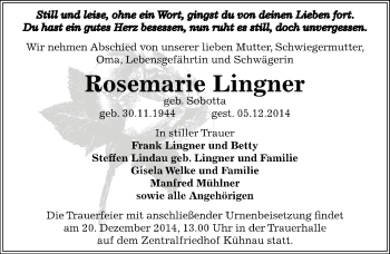 Traueranzeige von Rosemarie Lingner von Mitteldeutsche Zeitung Dessau-Roßlau