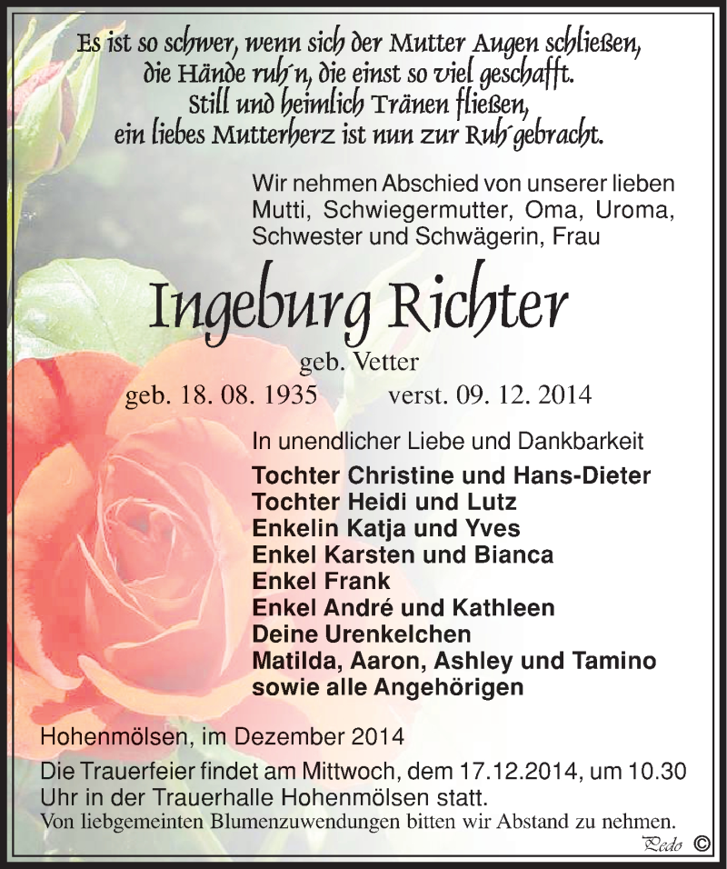  Traueranzeige für Ingeburg Richter vom 13.12.2014 aus Mitteldeutsche Zeitung Weißenfels