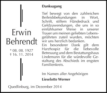 Traueranzeige von Erwin Behrendt von Mitteldeutsche Zeitung Quedlinburg