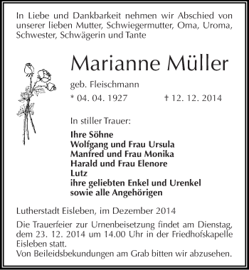 Traueranzeige von Marianne Müller von Mitteldeutsche Zeitung Mansfelder Land