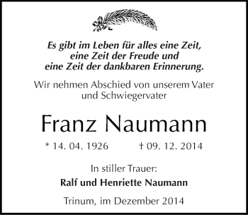 Traueranzeige von Franz Naumann von Mitteldeutsche Zeitung Köthen