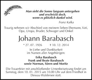 Traueranzeige von Johann Barabasch von Mitteldeutsche Zeitung Dessau-Roßlau
