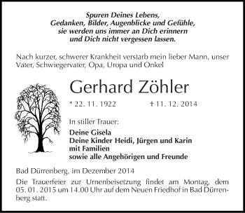 Traueranzeige von Gerhard Zöhler von Mitteldeutsche Zeitung Merseburg/Querfurt