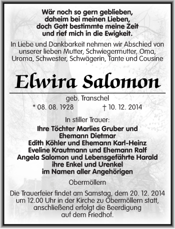 Traueranzeige von Elwira Salomon von Mitteldeutsche Zeitung Naumburg/Nebra