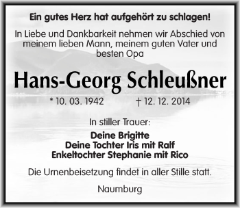 Traueranzeige von Hans-Georg Schleußner von Mitteldeutsche Zeitung Naumburg/Nebra