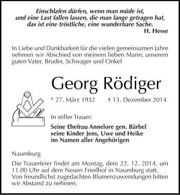 Traueranzeige von Georg Rödiger von Mitteldeutsche Zeitung Naumburg/Nebra