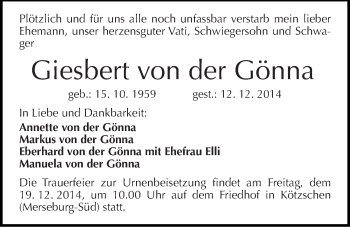 Traueranzeige von Giesbert von der Gönna von Mitteldeutsche Zeitung Merseburg/Querfurt