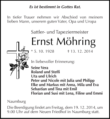 Traueranzeige von Ernst Möhring von Mitteldeutsche Zeitung Naumburg/Nebra