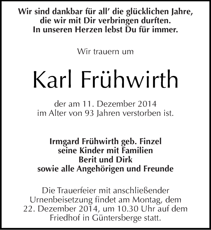  Traueranzeige für Karl Frühwirth vom 17.12.2014 aus Mitteldeutsche Zeitung Quedlinburg