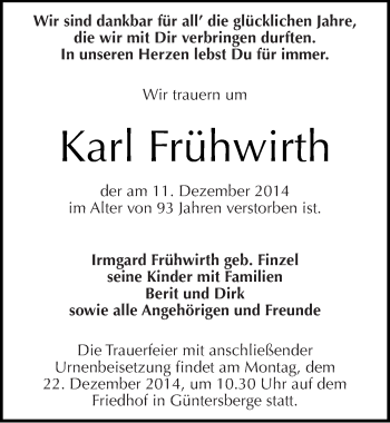 Traueranzeige von Karl Frühwirth von Mitteldeutsche Zeitung Quedlinburg