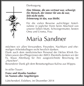 Traueranzeige von Maria Sandner von Mitteldeutsche Zeitung Mansfelder Land