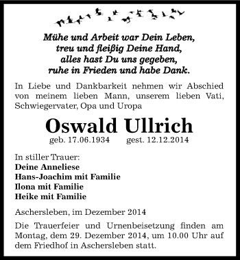 Traueranzeige von Oswald Ullrich von Mitteldeutsche Zeitung Aschersleben