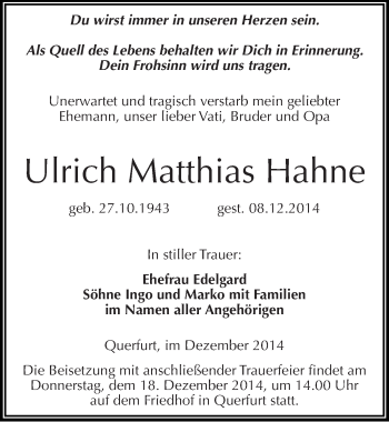 Traueranzeige von Ulrich Matthias Hahne von Mitteldeutsche Zeitung Merseburg/Querfurt