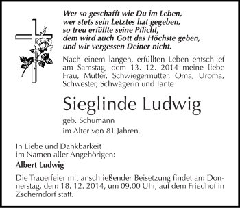 Traueranzeige von Sieglinde Ludwig von Mitteldeutsche Zeitung Bitterfeld