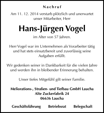 Traueranzeige von Hans-Jürgen Vogel von Mitteldeutsche Zeitung Naumburg/Nebra
