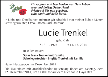 Traueranzeige von Lucie Trenkel von Mitteldeutsche Zeitung Sangerhausen