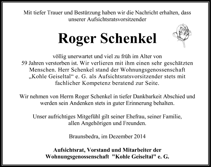  Traueranzeige für Roger Schenkel vom 17.12.2014 aus Mitteldeutsche Zeitung