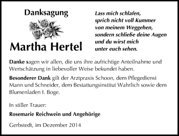 Traueranzeige von Martha Hertel von Mitteldeutsche Zeitung Mansfelder Land