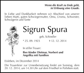Traueranzeige von Sigrun Spura von Mitteldeutsche Zeitung Mansfelder Land