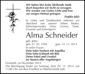 Traueranzeige von Alma Schneider von Mitteldeutsche Zeitung Merseburg/Querfurt