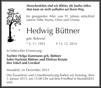 Traueranzeige von Hedwig Büttner von Mitteldeutsche Zeitung Mansfelder Land