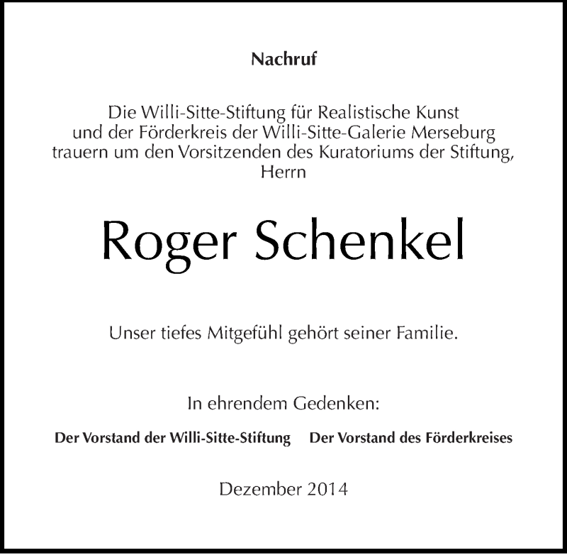  Traueranzeige für Roger Schenkel vom 17.12.2014 aus Mitteldeutsche Zeitung