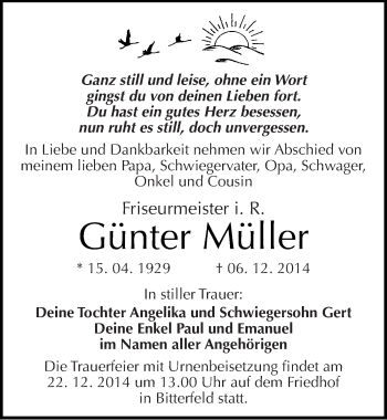 Traueranzeige von Günter Müller von Mitteldeutsche Zeitung Bitterfeld