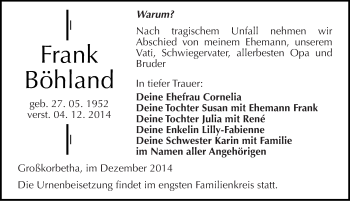 Traueranzeige von Frank Böhland von Mitteldeutsche Zeitung Weißenfels