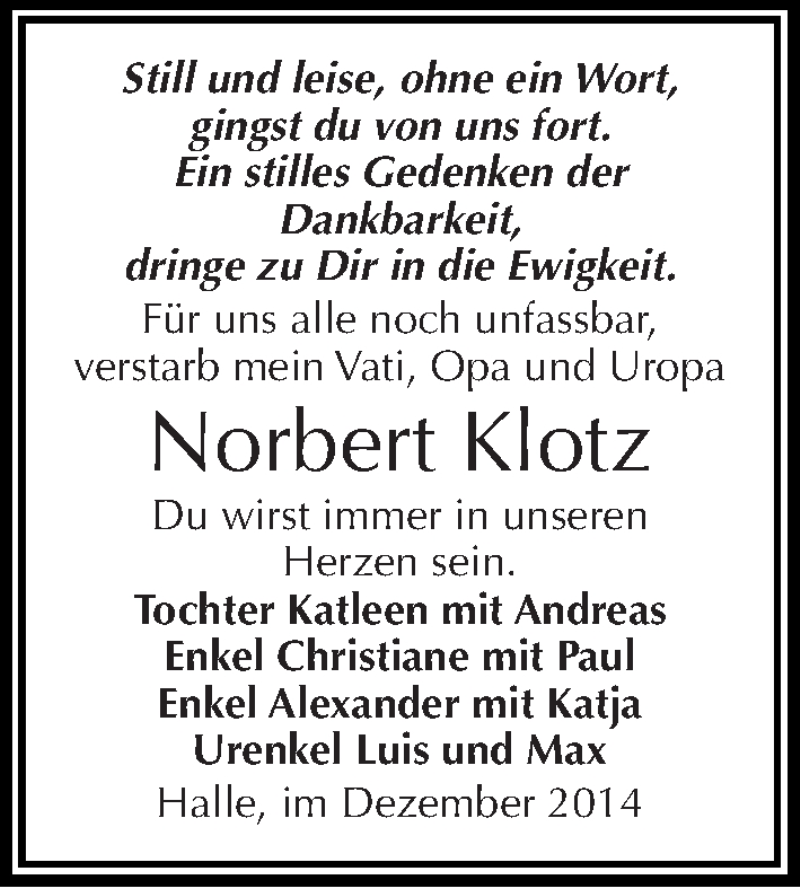  Traueranzeige für Norbert Klotz vom 17.12.2014 aus Mitteldeutsche Zeitung Halle/Saalkreis
