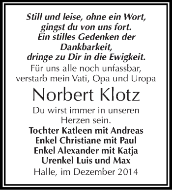 Traueranzeige von Norbert Klotz von Mitteldeutsche Zeitung Halle/Saalkreis