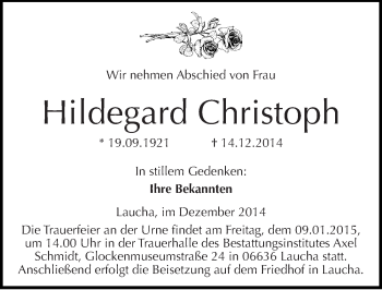 Traueranzeige von Hildegard Christoph von Mitteldeutsche Zeitung Naumburg/Nebra
