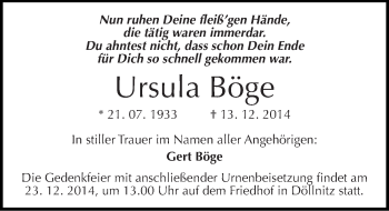Traueranzeige von Ursula Böge von Mitteldeutsche Zeitung Halle/Saalkreis