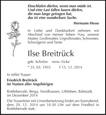 Traueranzeige von Ilse Breitrück von Mitteldeutsche Zeitung Sangerhausen