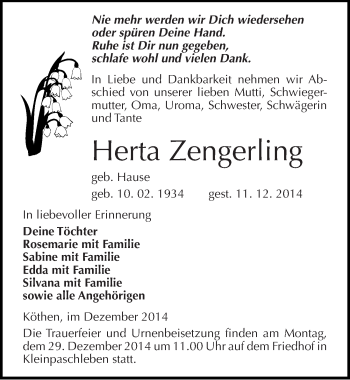 Traueranzeige von Herta Zengerling von Mitteldeutsche Zeitung Köthen
