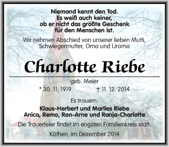 Traueranzeige von Charlotte Riebe von Mitteldeutsche Zeitung Köthen